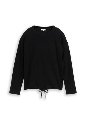 Black long-sleeve sweater with a textured weave. Features a round neckline and a drawstring at the waist for adjustable fit.