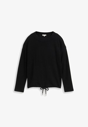 Zwarte trui met lange mouwen en een gestructureerde weving. Voorzien van een ronde halslijn en een trekkoord in de taille voor een verstelbare pasvorm.