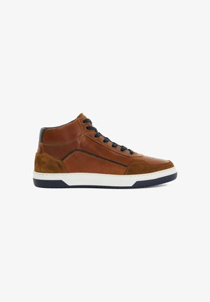 Tan leather high-top sneaker with dark laces, white midsole, and textured accents. Features stitched details and a rounded toe design.