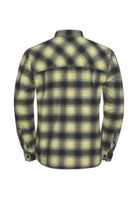 Chemise à manches longues à carreaux avec une combinaison de couleurs noire et jaune, dotée d'un col classique, d'un motif en damier et de poignets boutonnés.