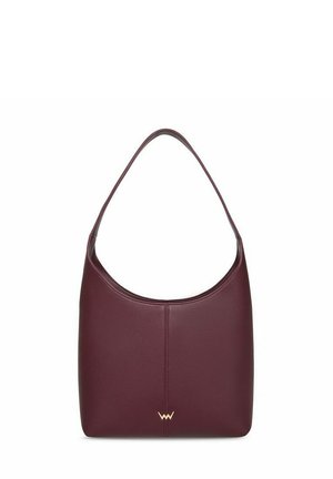 Maroon leather shoulder bag with a single strap and a small gold logo at the bottom center.
