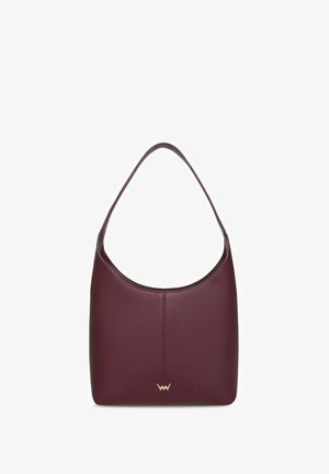 Maroon leather shoulder bag with a single strap and a small gold logo at the bottom center.
