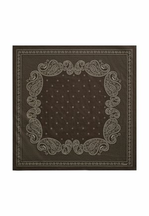Dunkelbrauner quadratischer Stoff mit weißen Paisley- und Punktmustern, die in kunstvollen symmetrischen Rändern angeordnet sind.