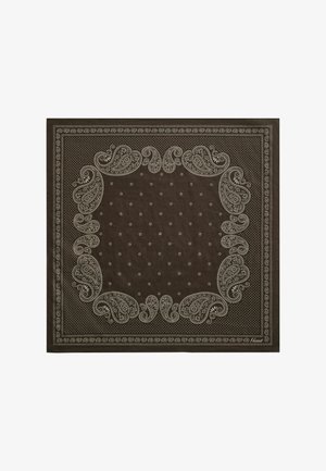 Dunkelbrauner quadratischer Stoff mit weißen Paisley- und Punktmustern, die in kunstvollen symmetrischen Rändern angeordnet sind.