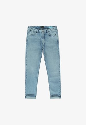 Lichtblauwe denim jeans met een recht model, voorzien van vijf zakken, een opgerolde zoom en een zachte, vervaagde afwerking.