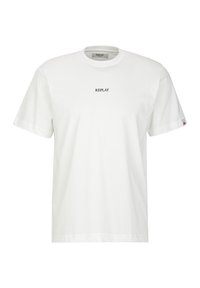 T-shirt bianca in cotone con collo a giro, maniche corte e un logo nero "REPLAY" centrato sul petto.