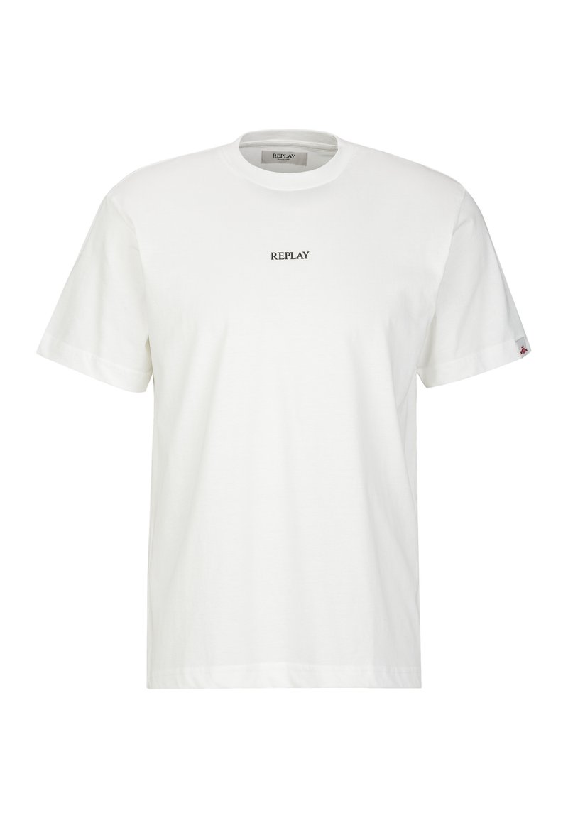 T-shirt bianca in cotone con collo a giro, maniche corte e un logo nero "REPLAY" centrato sul petto.