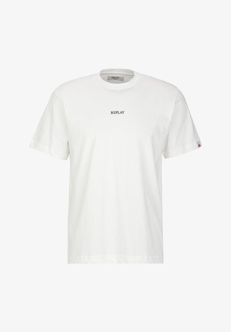 T-shirt bianca in cotone con collo a giro, maniche corte e un logo nero "REPLAY" centrato sul petto.