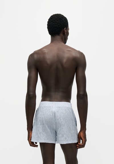 Homme à la peau foncée et aux cheveux courts bouclés vu de dos portant un short rayé bleu clair et blanc sur un fond uni.