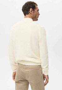 Jersey crema claro con cuello y puños acanalados, tejido texturizado, llevado sobre pantalones beige. Vista trasera que muestra un ajuste relajado y un diseño sencillo.