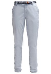 Jasnoniebieskie spodnie wykonane z bawełny, o prostym kroju, z przednimi kieszeniami i paskiem w paski z akcentem skórzanym.