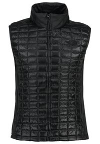 Veste sans manches matelassée noire avec col montant et fermeture éclair frontale, légère et rembourrée pour la chaleur.