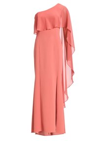 Ein ärmelloses Korallen-Kleid mit fließendem, transparentem Überzug, knöchellang und mit einem glatten Stofffinish. Verfügt über einen seitlichen Schlitz für zusätzliche Details.