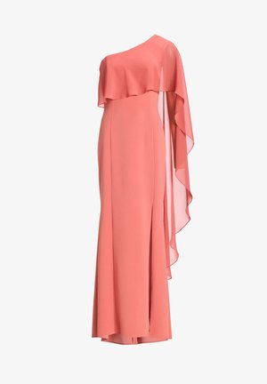 Koraalkleurige jurk met één schouder, voorzien van een vloeiende, doorschijnende overlay, enkel-lang en met een gladde stofafwerking. Inclusief een zijsplit voor extra detail.
