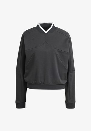 Tumši pelēks sporta krekls ar stāvošu apkakli, ar leņķainiem dizainiem un ribotiem piedurknēm. Audumam ir gluda tekstūra ar baltām akcentiem.