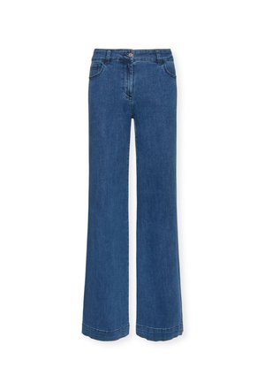 Blaue Jeans im Bootcut-Stil mit Fünf-Taschen-Design, Knopfverschluss und weitem Beinöffnung. Weiche Textur und einheitliche Färbung über das gesamte Material.