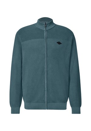 Blågrøn fuld-zip strikket sweater med opretstående krave, ribstrikkede manchetter og lille sort logo på venstre bryst.