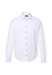 Witte langemouwen shirt met knoopsluiting aan de voorkant, voorzien van bruine knopen, een kraag en een gebogen zoom. Gemaakt van zachte stof met een gladde textuur.