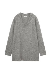 Grauer V-Ausschnitt-Pullover mit langen Ärmeln, aus weichem Strickmaterial gefertigt. Mit gerippten Bündchen und Saum sowie entspannter Passform.