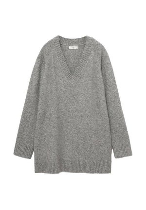Pull gris à col en V avec manches longues, fabriqué en matériau tricoté doux. Présente des poignets et un ourlet côtelés avec une coupe décontractée.