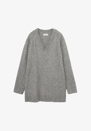 Siv pulover s V-izrezom, dolgimi rokavi in narejen iz mehkega pletenega materiala. Ima rebraste manšete in rob z ohlapnim fitom.