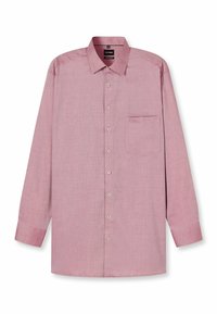 Langärmliges, knöpfbares Hemd aus einem hellen rosa Stoff mit einem strukturierten Muster. Verfügt über eine Brusttasche und einen abgerundeten Saum.