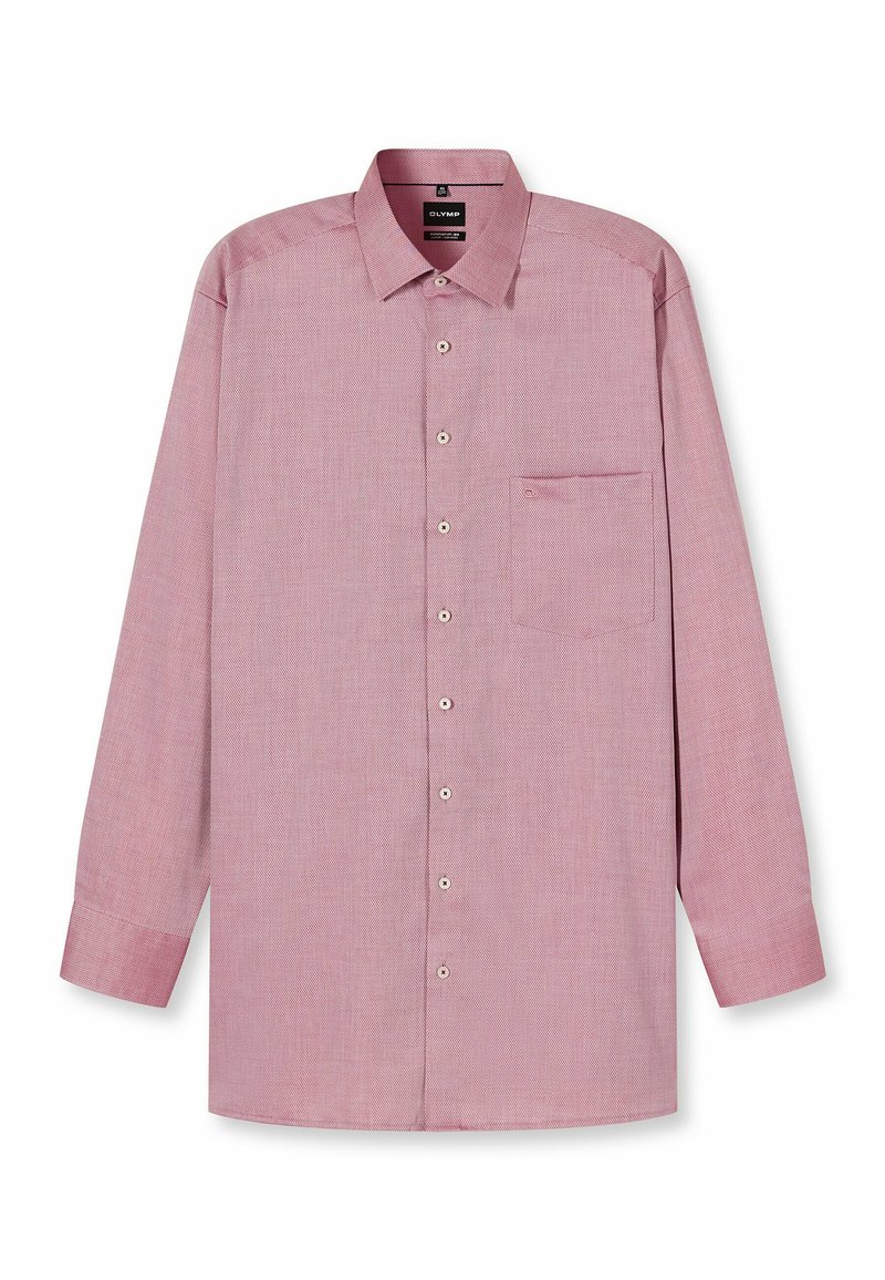 Langärmliges, knöpfbares Hemd aus einem hellen rosa Stoff mit einem strukturierten Muster. Verfügt über eine Brusttasche und einen abgerundeten Saum.
