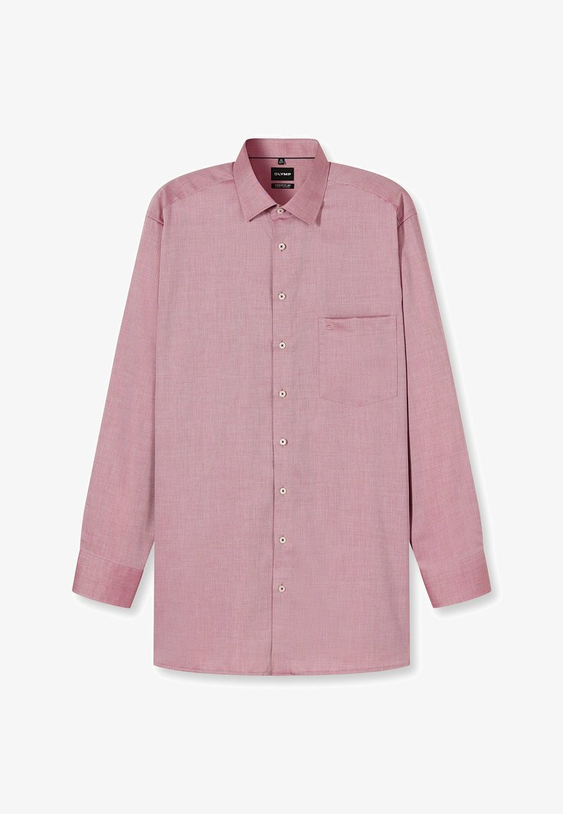 Langärmliges, knöpfbares Hemd aus einem hellen rosa Stoff mit einem strukturierten Muster. Verfügt über eine Brusttasche und einen abgerundeten Saum.