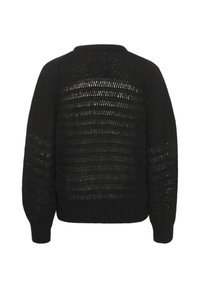 Schwarzer Strickpullover mit einem strukturierten, offenen Maschenmuster und gerippten Bündchen sowie Saum. Der Rücken ist überwiegend durchsichtig mit horizontalen Streifen.