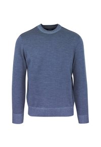 Maglione a collo rotondo e maniche lunghe di un blu medio, con un colletto e polsini a coste testurizzati, realizzato in un morbido tessuto a maglia.