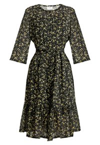Robe noire à fleurs avec un col rond, des manches trois-quarts, une taille cintrée et une jupe à volants. Présente de petits motifs floraux jaunes et blancs.