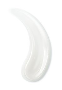 Creamy, white lotion sample with a smooth texture, elongated shape, and a glossy finish, resembling a droplet or swirl.