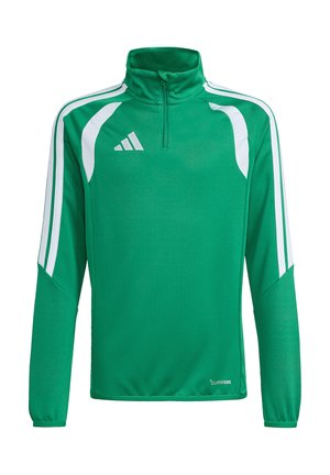 Grünes Sportoberteil mit langen Ärmeln und weißen Streifen an den Ärmeln, teilweisem Frontreißverschluss, Adidas-Logo auf der Brust und Climacool-Etikett nahe dem Saum.