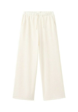 Pantalon ample de couleur crème avec taille élastique et cordon, avec poches latérales et jambes larges et droites.