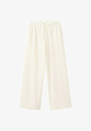 Pantalon ample de couleur crème avec taille élastique et cordon, avec poches latérales et jambes larges et droites.