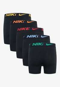Black boxer briefs with Nike logo waistbands in yellow, orange, red, blue, and green. Smooth fabric, mid-thigh cut, and no patterns.