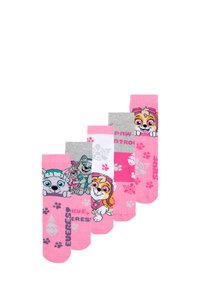 Cinque paia di calzini per bambini di vari colori: tonalità di rosa e grigio. I disegni includono cani dei cartoni animati e impronte di zampe; tessuto lavorato a maglia morbido.