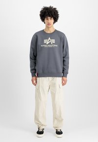Γκρίζα φούτερ με το λογότυπο "Alpha Industries", συνδυασμένη με μπεζ cargo παντελόνια. Το σύνολο έχει άνετη εφαρμογή και χαλαρό στυλ.