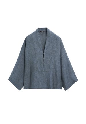 Volně střižená dlouhý rukáv šedá lněná košile se širokými rukávy a hlubokým výstřihem do V.