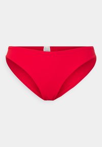 Parte inferiore di bikini rossa con una texture liscia ed elastica. Presenta un taglio classico e un design minimalista senza decorazioni o modelli.