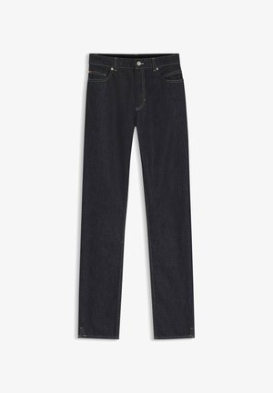 Dark denim jeans with a straight fit, featuring yellow stitching, five pockets, and a front button closure.