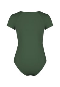 Maillot de bain court à manches courtes vert, mettant en avant une texture lisse et un design ajusté. La vue arrière présente une construction sans coutures et une couverture modeste.