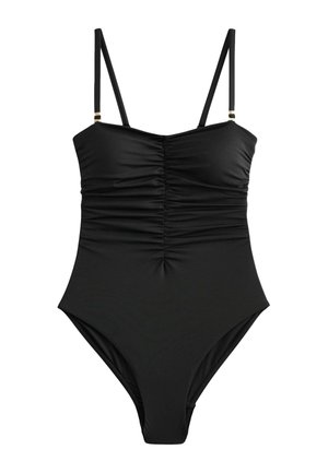 Costum de baie întreg negru, cu bretele subțiri reglabile și detalii drapate de-a lungul părții frontale centrale și a taliei.