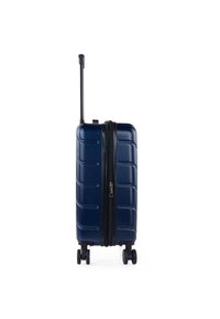 Maleta de mano rígida en color navy con superficie texturizada, cremallera negra, doble rueda y asa retráctil para facilitar su movilidad.