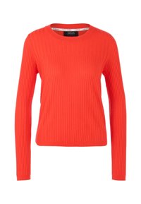 Pull rouge à manches longues côtelé avec un col rond et un tissu tricoté texturé. Il présente un ourlet droit et des manches ajustées.