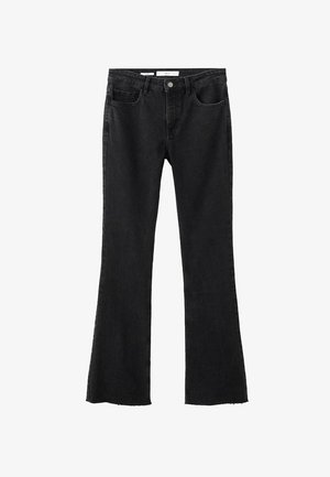 Jean évasé en denim noir avec ourlet brut, doté d'une fermeture éclair et d'un bouton, de poches avant, et d'un design classique à cinq poches.