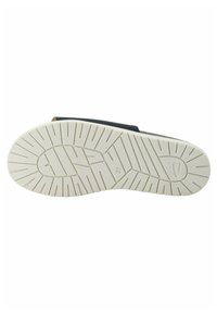 Black slide sandal with a cushioned footbed, textured fabric upper, and a white rubber outsole featuring a zigzag tread pattern. Size 37.