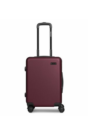 Maleta rígida burdeos con cuatro ruedas giratorias y asa telescópica negra extendida, con la marca Smartbox en el frente.