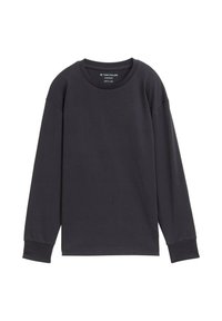 Langärmliges, schwarzes, übergroßes Rundhals-Shirt mit gerippten Bündchen, Größe S/140, auf weißem Hintergrund präsentiert.