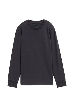T-shirt noir à manches longues, coupe oversize, col rond, avec des poignets côtelés, étiqueté taille S/140, présenté sur fond blanc.